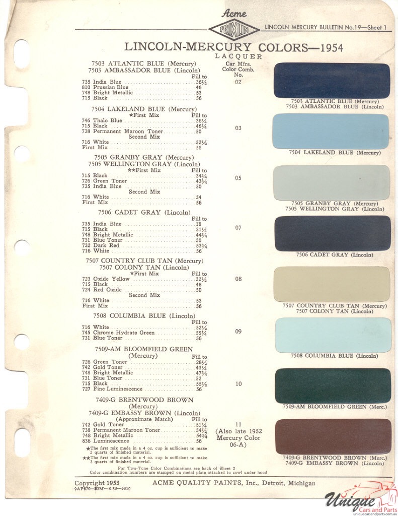 1954 Ford Paint Charts Lincoln And Mercury Paint Charts Acme